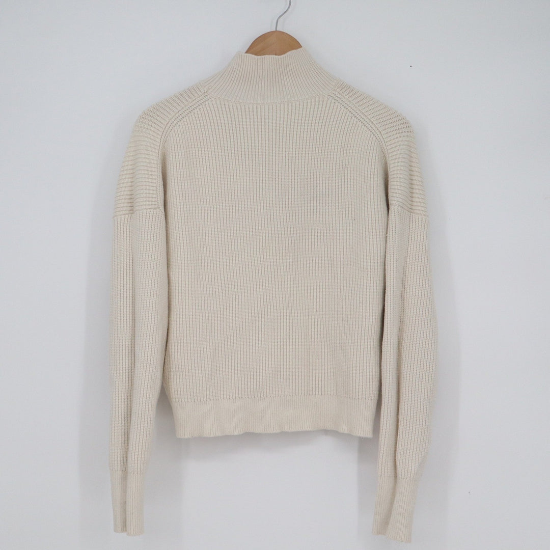Cream Mock Neck Ribbed Knit Sweater Dropped Shoulder Long Sleeve Off-White Crop