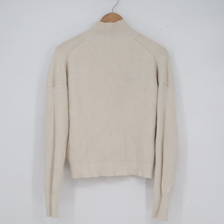Cream Mock Neck Ribbed Knit Sweater Dropped Shoulder Long Sleeve Off-White Crop