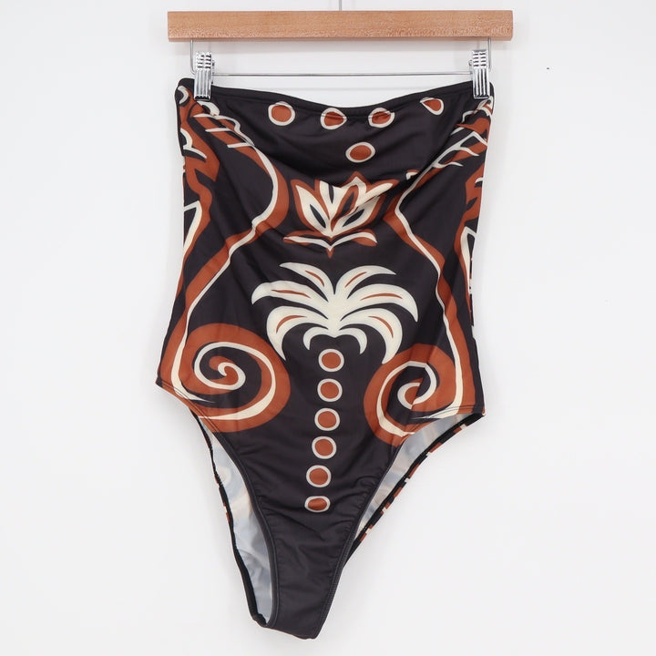 Black Terracotta Tribal Print Strapless High Cut One Piece Swimsuit Large