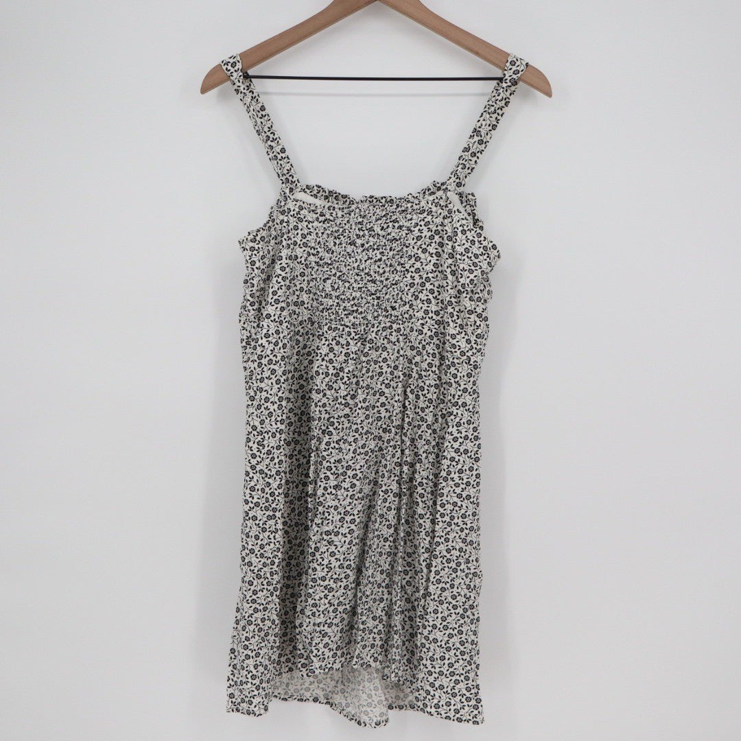 ROW A Floral Print Smocked Sundress Mini Dress Black White XL