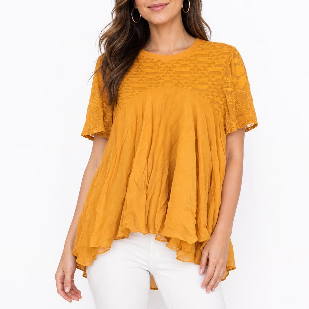 Varun & Nidhika Mustard Yellow Embroidered Babydoll Top Short Sleeve Size M