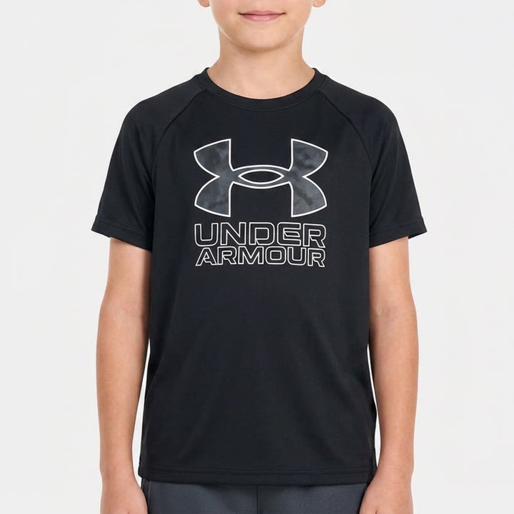 Under Armour Boys Youth Small Black Graphic Logo Short Sleeve Athletic Tee