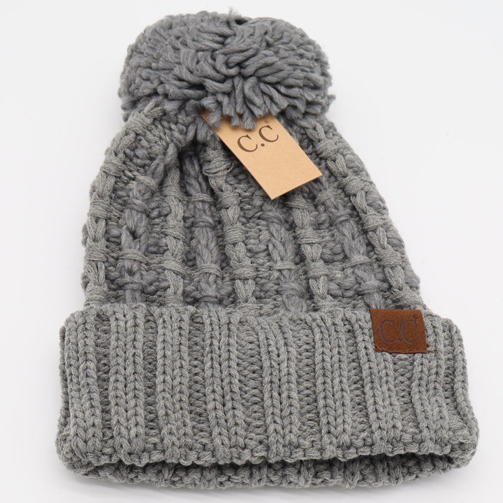 C.C Beanie Womens OS Lt Melange Grey Pom Pom Cable Knit New