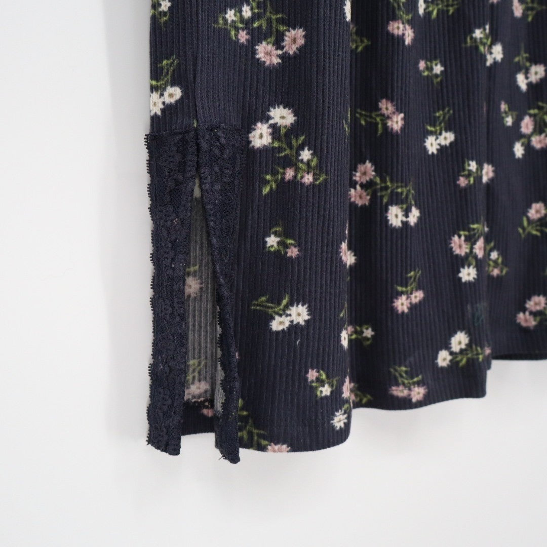 Women Pajama Pants XL Navy Blue Ditsy Floral Stretch Ribbed Lace Trim Ankle Slit