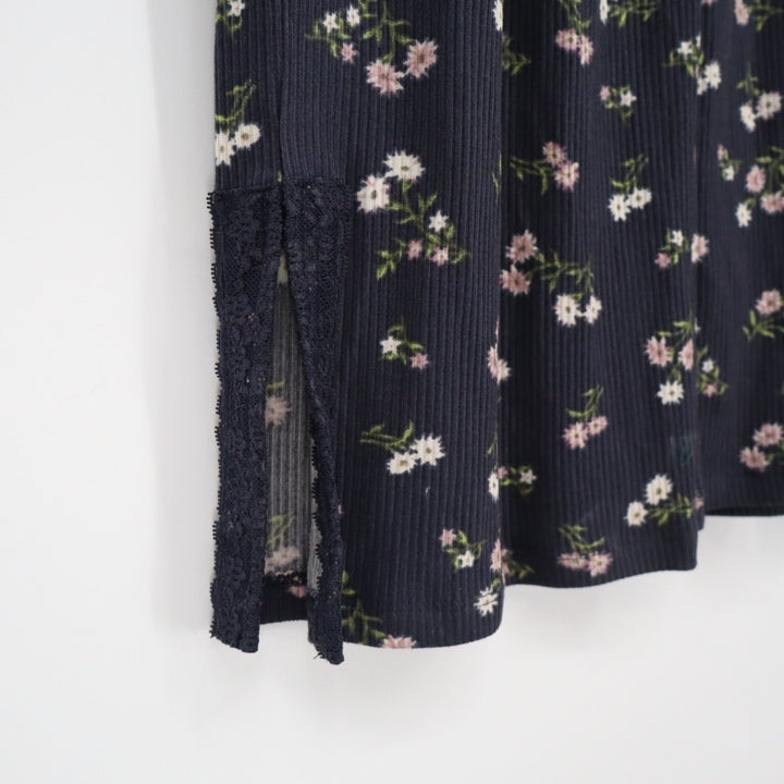 Women Pajama Pants XL Navy Blue Ditsy Floral Stretch Ribbed Lace Trim Ankle Slit