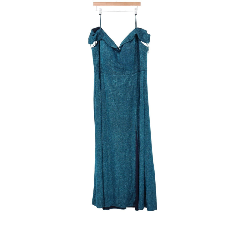 Morgan & Co Teal Blue Metallic Off-The-Shoulder Formal Gown Dress 22W
