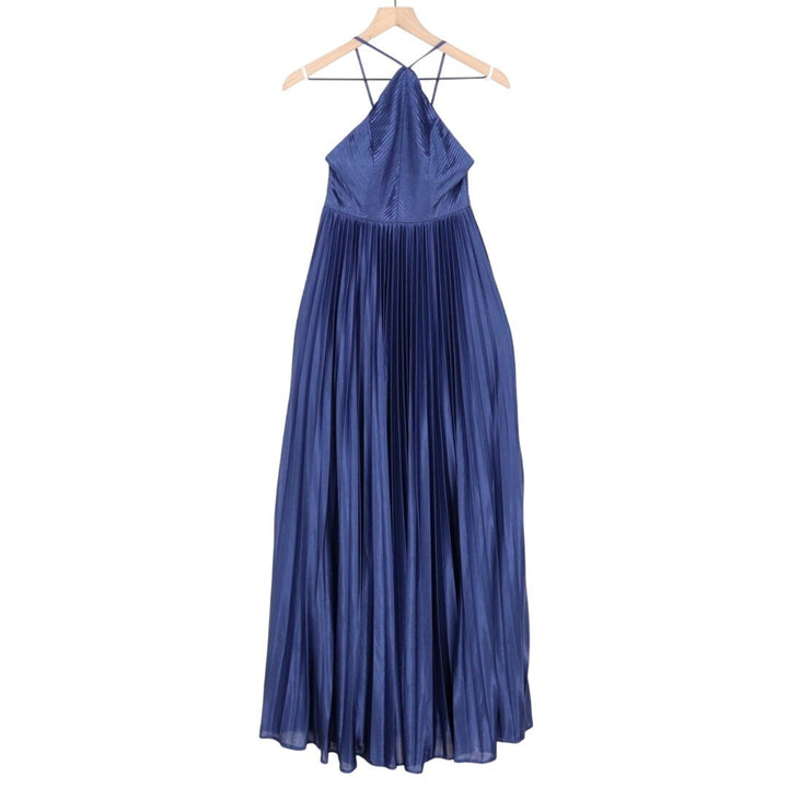 Lulus Elaborate Charm Maxi Dress Womens Navy Blue Satin Pleated Adjustable Strap