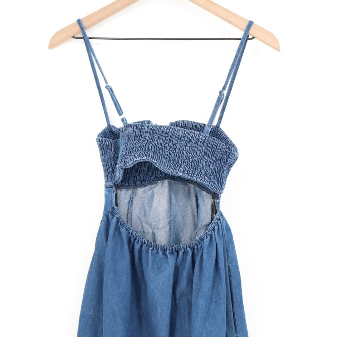 Lulus Laylie Midi Dress Womens XS Blue Medium Wash Denim Lace-Up Smocked Summer