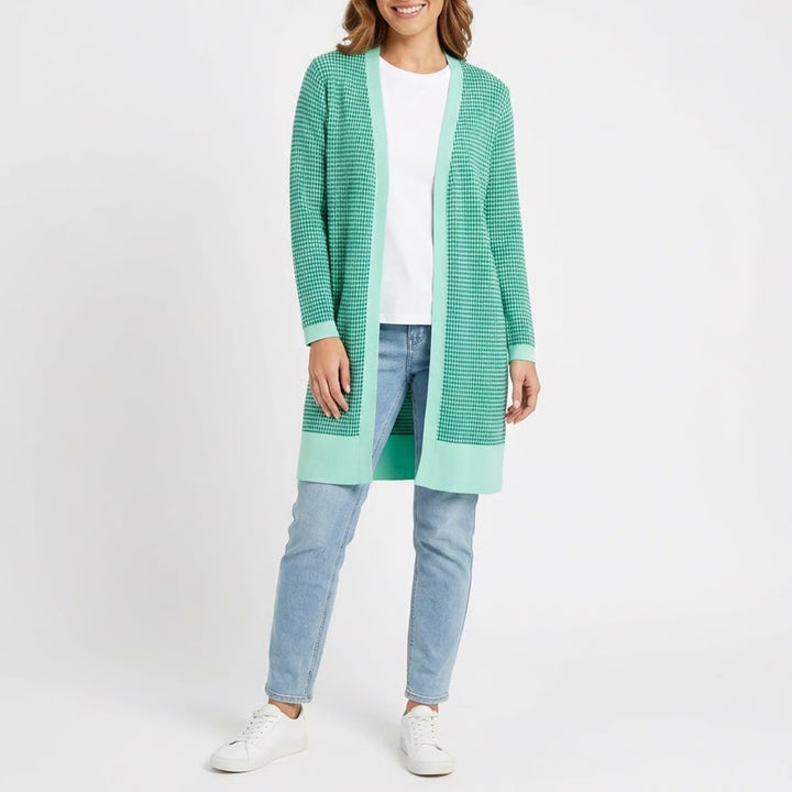 Kerisma Green Geometric Knit Open Front Cardigan Mid-Length Lightweight Sweater