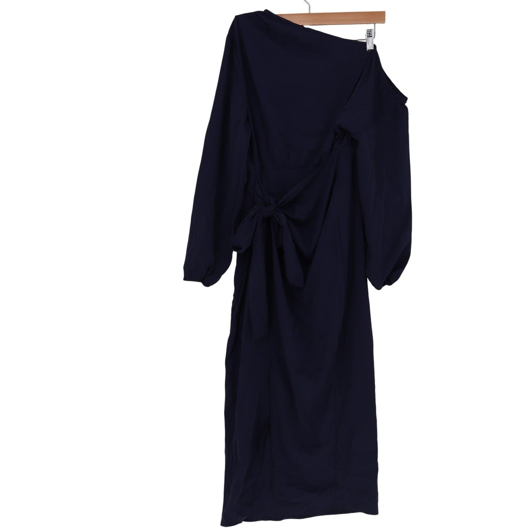 Navy Blue One Shoulder Long Sleeve Tie Back Midi Dress Large