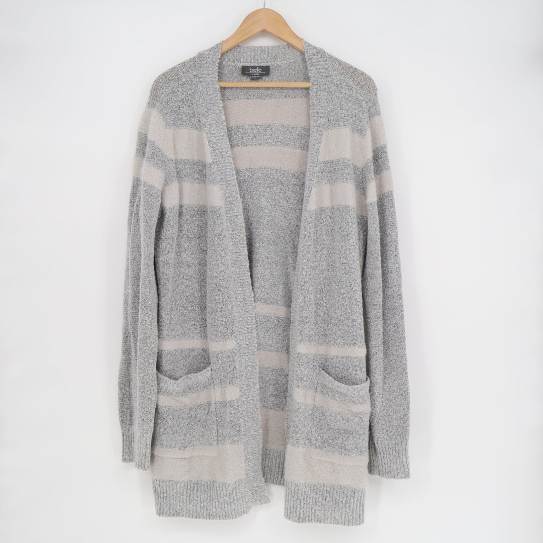 Belle by Belldini Cardigan Sweater Womens XL Gray White Striped Long Sleeve