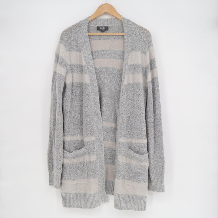 Belle by Belldini Cardigan Sweater Womens XL Gray White Striped Long Sleeve