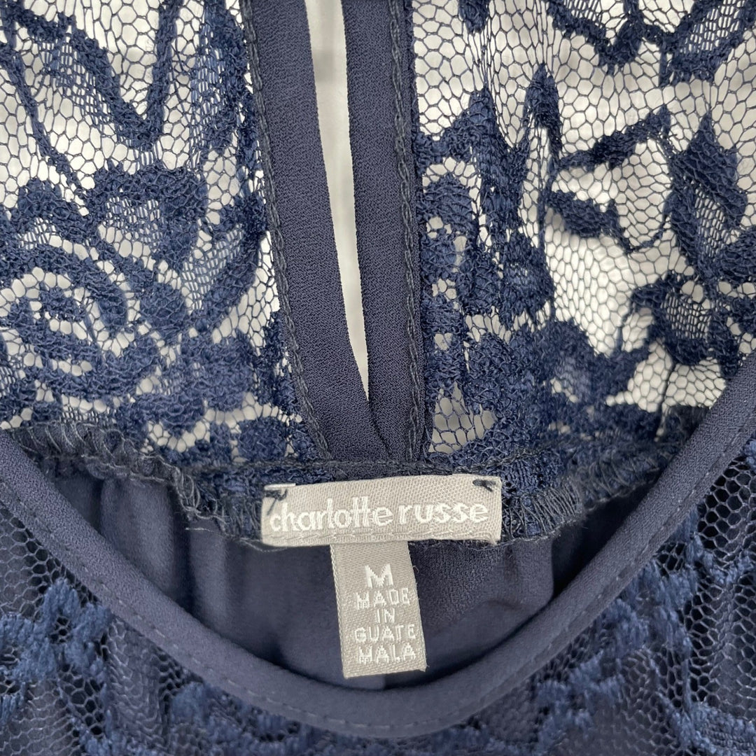 Charlotte Russe Navy Blue Lace Sleeve Gathered Neck Blouse Top Women's Medium