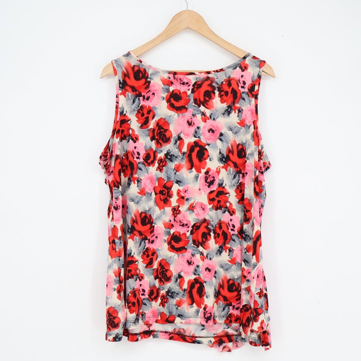 Van Heusen Womens XL Red Pink Floral Sleeveless Ruffle Front Blouse Top USA Made