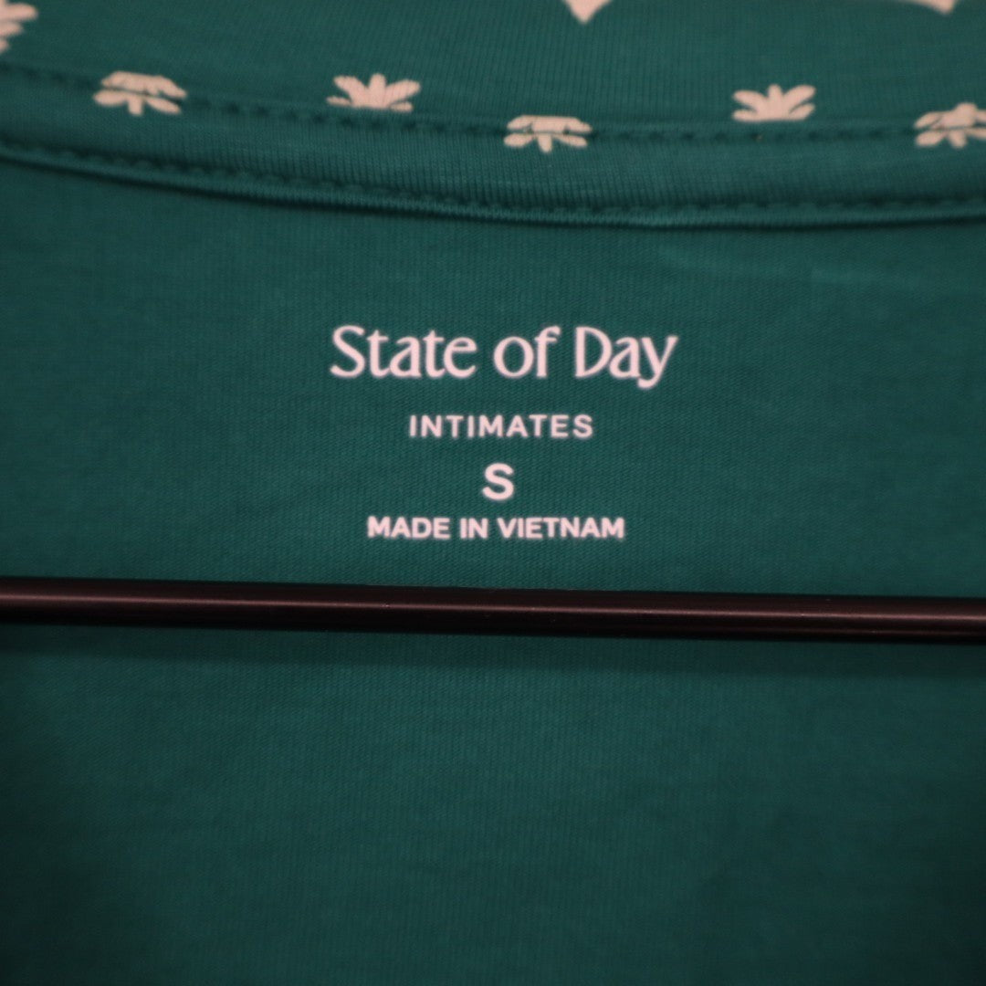 State Of Day Intimates Pajama Top Womens S Green Tree Print Stretch Notch Collar