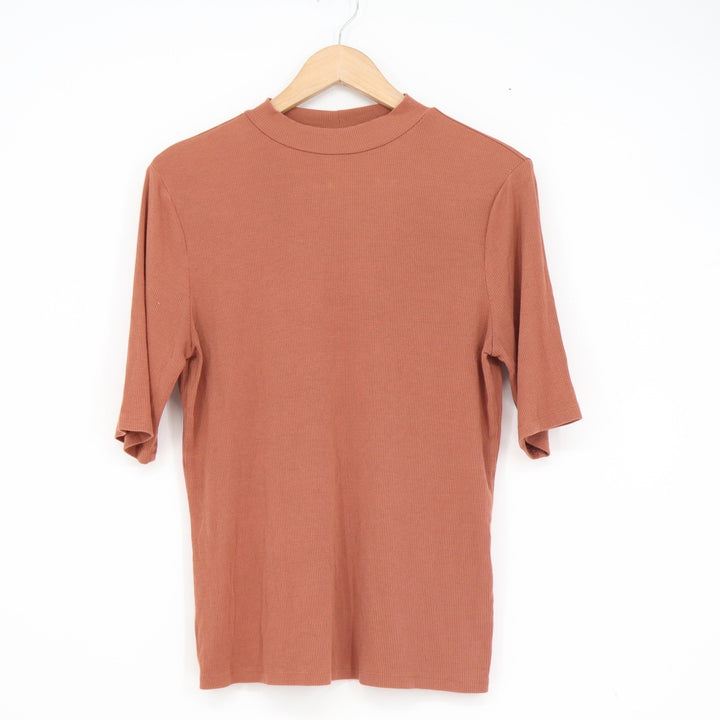 A New Day Womens Ribbed Mock Neck Elbow Sleeve Top Terracotta Rust Large