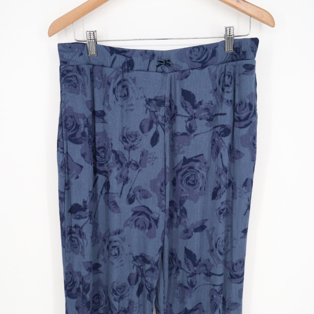 Roudelain 2-PC Pajamas Set Womens Large Blue Floral Stretch Ribbed Lapel Collar
