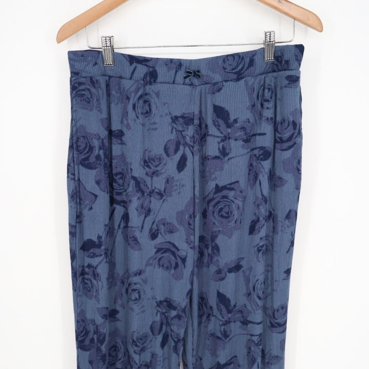 Roudelain 2-PC Pajamas Set Womens Large Blue Floral Stretch Ribbed Lapel Collar
