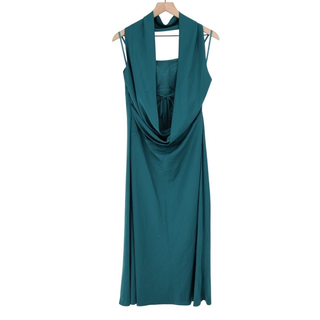 Seni & Cade Satin Scarf Midi Dress Women XL Teal Square Neck Side Zip Sleeveless