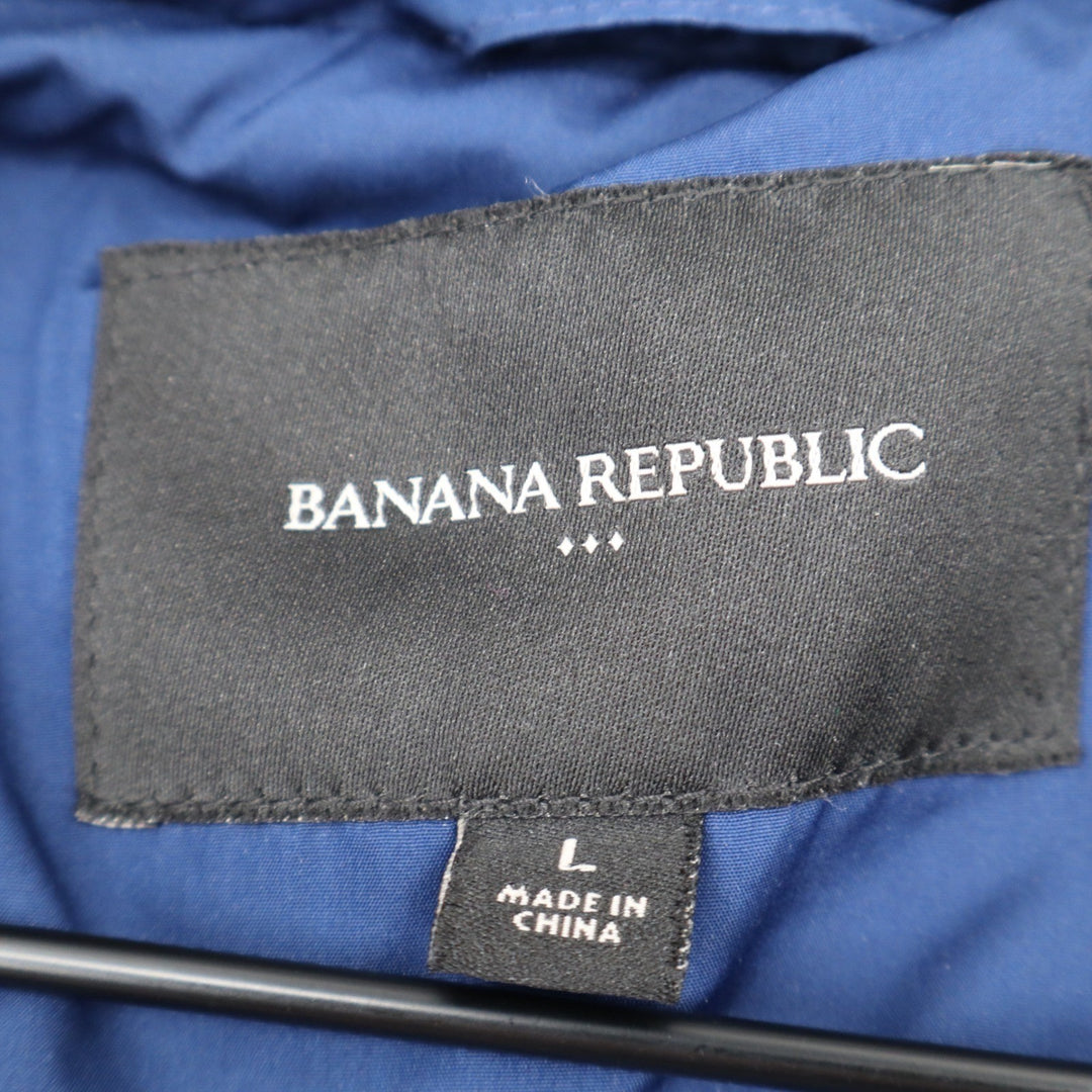 Banana Republic Womens Blue Quilted Puffer Parka Faux Fur Hood Belted Coat L