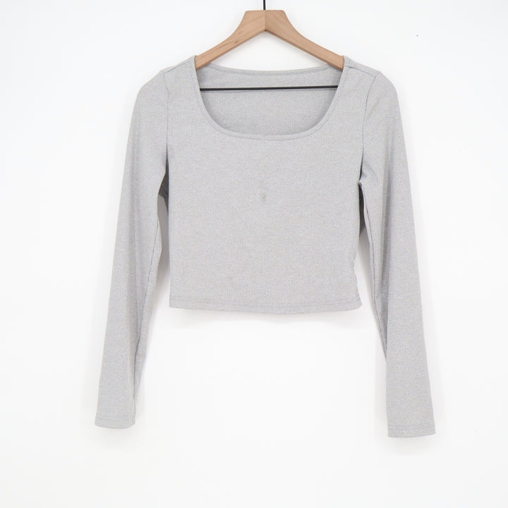 SHEIN Womens Heather Grey Ribbed Square Neck Long Sleeve Crop Top Size M