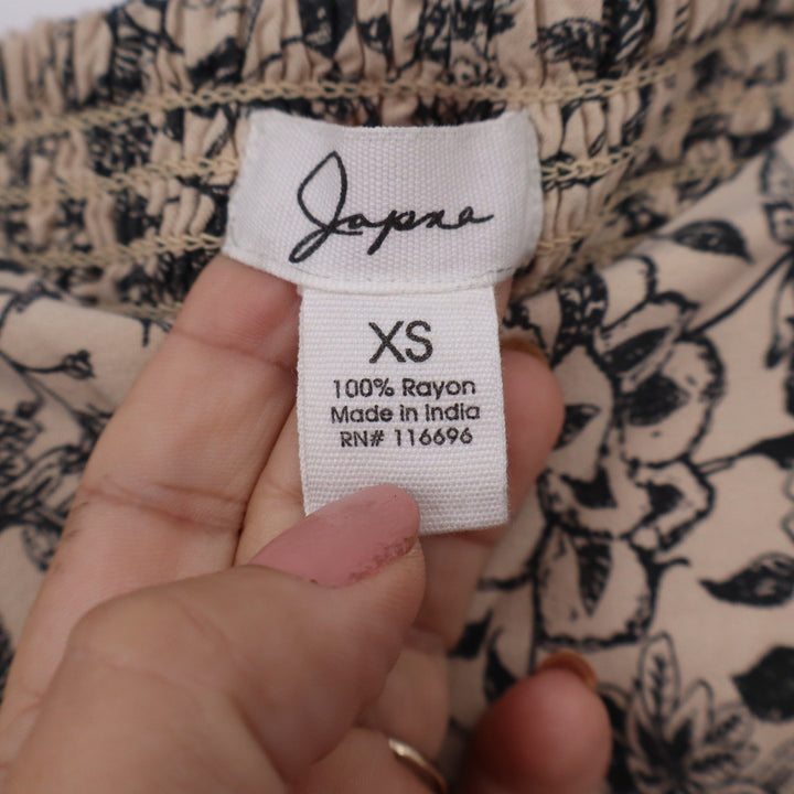 Joyne Floral High Low Maxi Skirt XS Tan Black Smocked Waist Rayon Boho