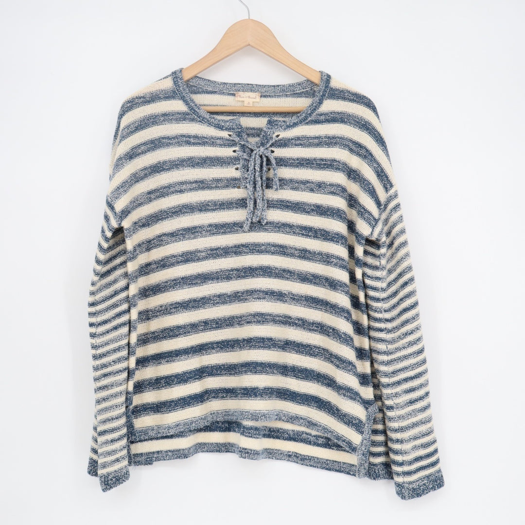 Hem & Thread Sweater Womens Medium Blue White Striped High Low Hem Long Sleeve