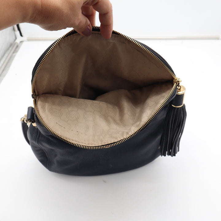 Michael Kors Bedford Navy Blue Pebbled Leather Shoulder Bag Gold Hardware Tassel