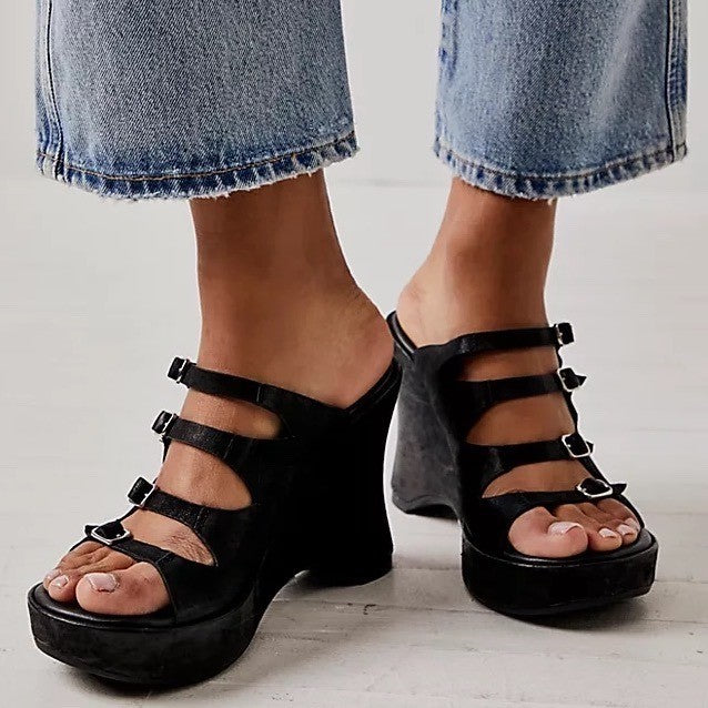 Free People Huffman Strappy Womens EU 37 Black Suede Buckle Slip On Wedge Sandal