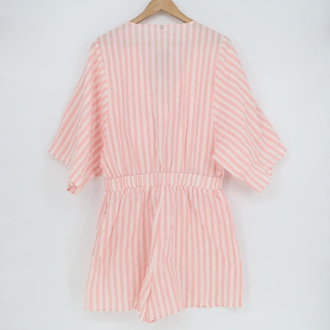Utcoco Collection Pink White Striped Tie Front Romper Kimono Sleeve Large NEW