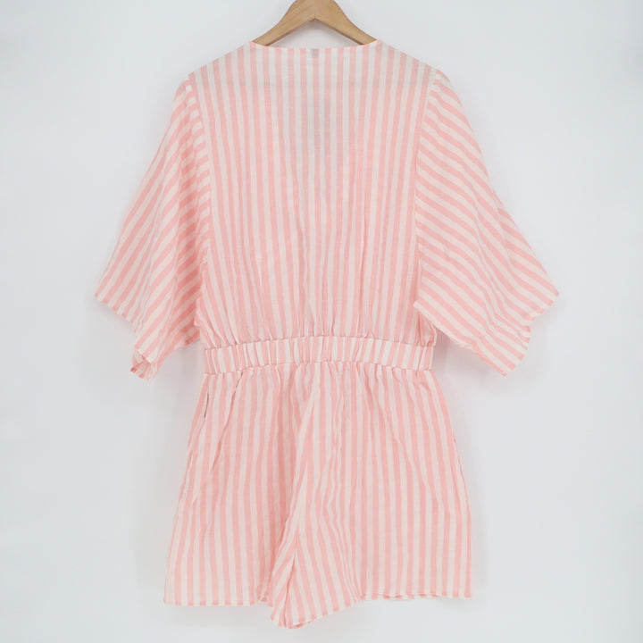 Utcoco Collection Pink White Striped Tie Front Romper Kimono Sleeve Large NEW