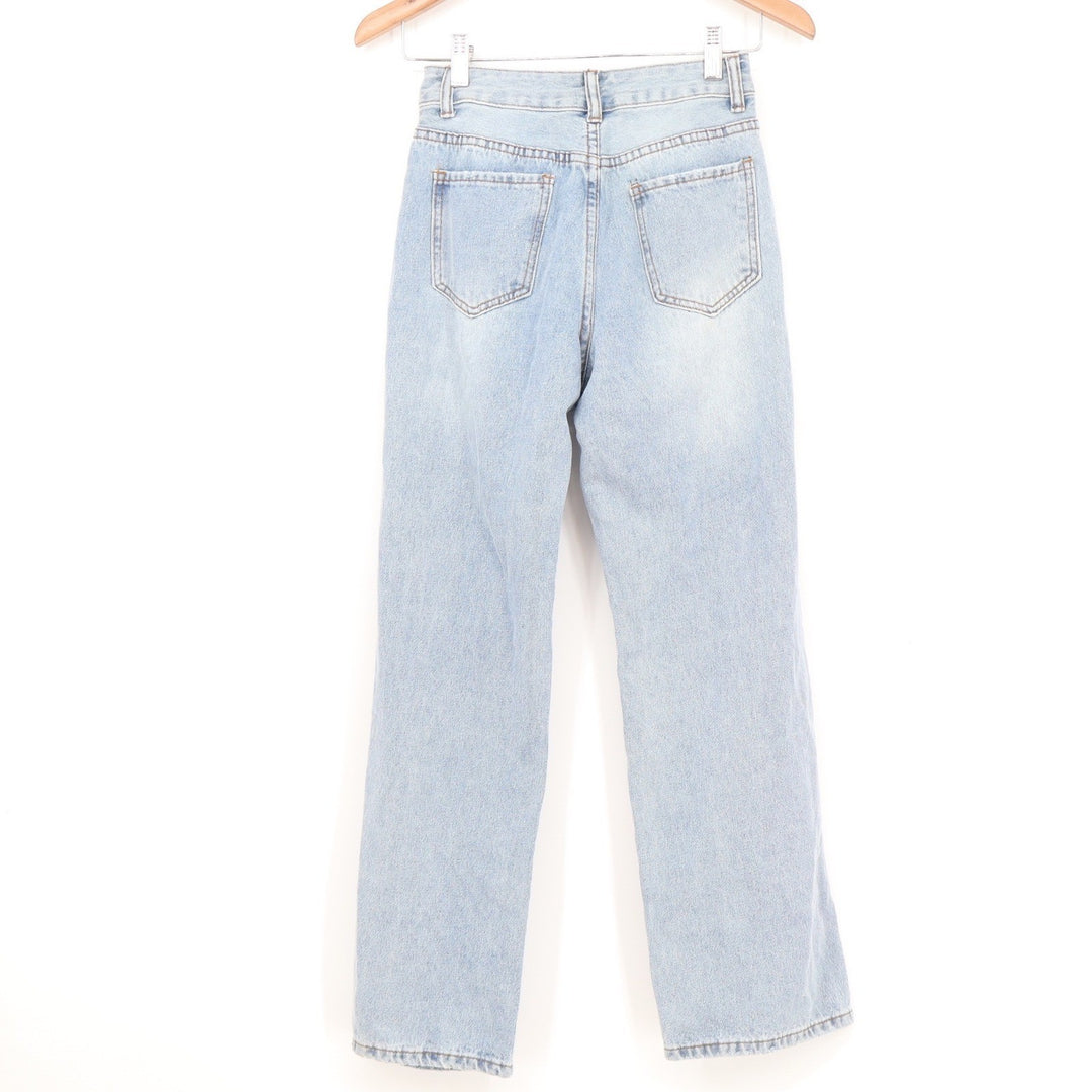 SHEIN Petite XS Distressed High Waisted Straight Leg Jeans Light Wash Blue