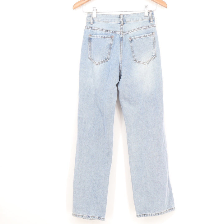 SHEIN Petite XS Distressed High Waisted Straight Leg Jeans Light Wash Blue