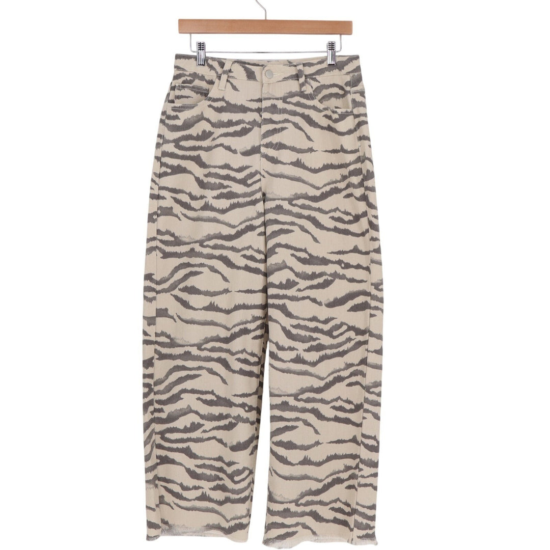 Jeans Womens Medium Beige Black Denim Tiger Print Frayed Hem High Rise Wide Leg
