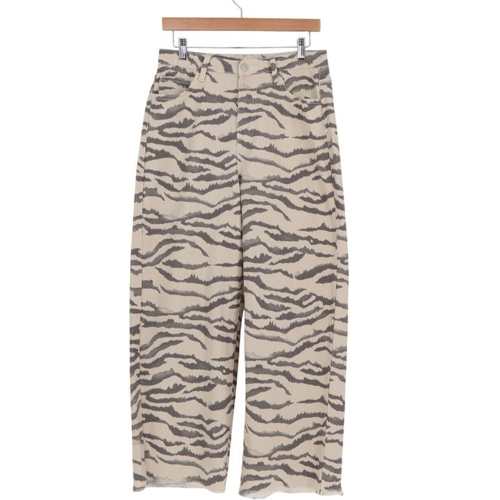 Jeans Womens Medium Beige Black Denim Tiger Print Frayed Hem High Rise Wide Leg