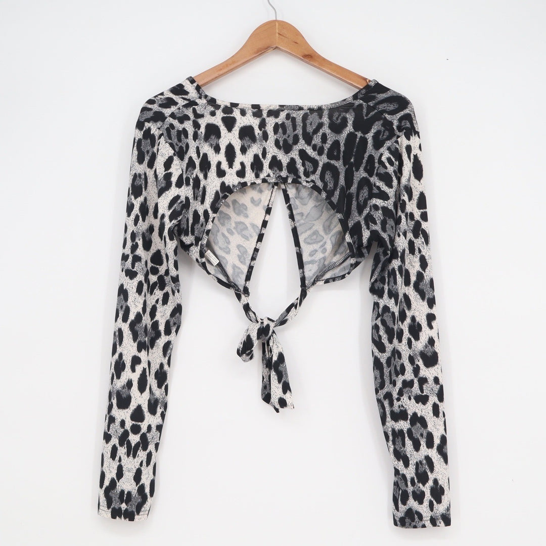 SHEIN Womens Leopard Print Front Tie Crop Top O-Ring Long Sleeve Grey Large L