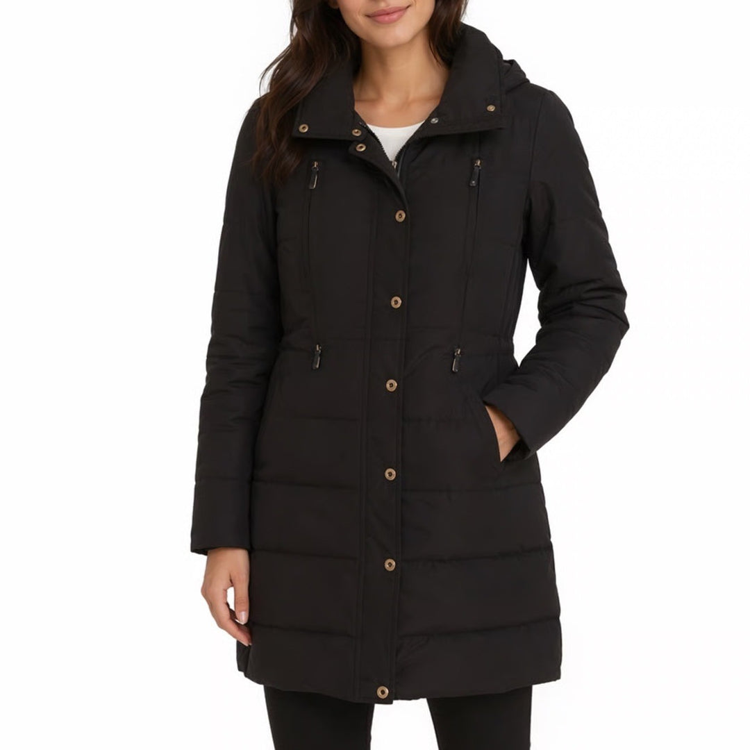 Michael Kors Puffer Jacket Womens M Black Full Zip Pockets Snap Up Long Sleeve