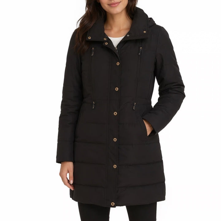 Michael Kors Puffer Jacket Womens M Black Full Zip Pockets Snap Up Long Sleeve