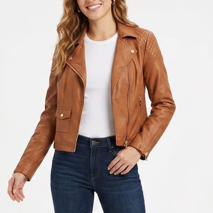 Express Womens Cognac Brown Faux Leather Quilted Moto Jacket Size S Gold Zip