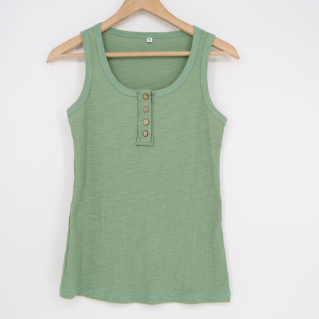 Tank Top Womens Small Sage Green Ribbed Knitted Henley Neck Sleeveless Pullover