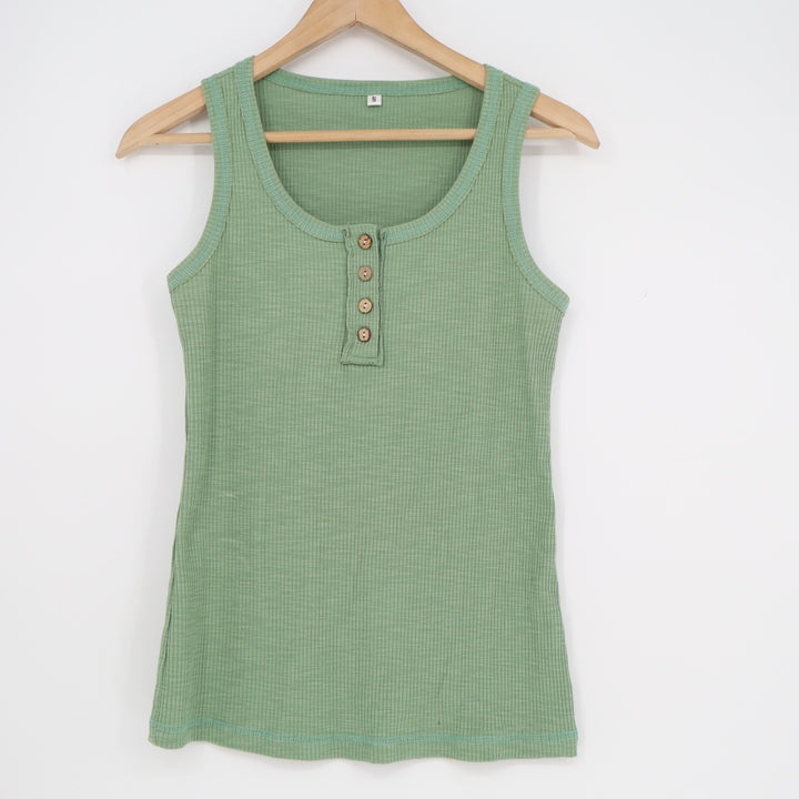 Tank Top Womens Small Sage Green Ribbed Knitted Henley Neck Sleeveless Pullover