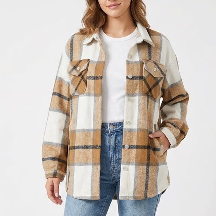 Unbranded Tan Plaid Button Down Shacket Oversized Flannel Shirt Jacket XL