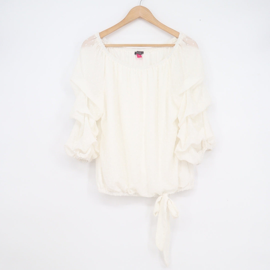 Vince Camuto Ivory Clip Dot Ruffle Sleeve Off Shoulder Blouse Top Womens Medium