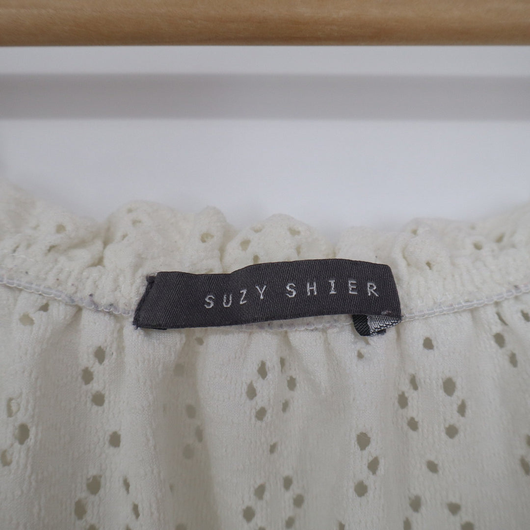 Suzy Shier Cream Eyelet Off the Shoulder Peasant Blouse Large Short Sleeve Boho