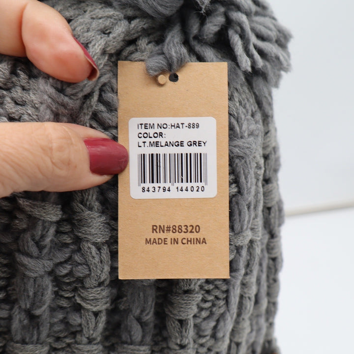 C.C Beanie Womens OS Lt Melange Grey Pom Pom Cable Knit New