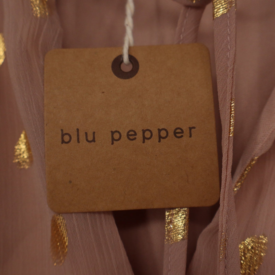 Blu Pepper Mauve Pink Gold Metallic Clip Dot Smocked Tiered Mini Dress Large