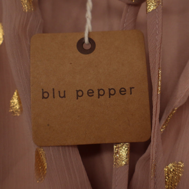 Blu Pepper Mauve Pink Gold Metallic Clip Dot Smocked Tiered Mini Dress Large