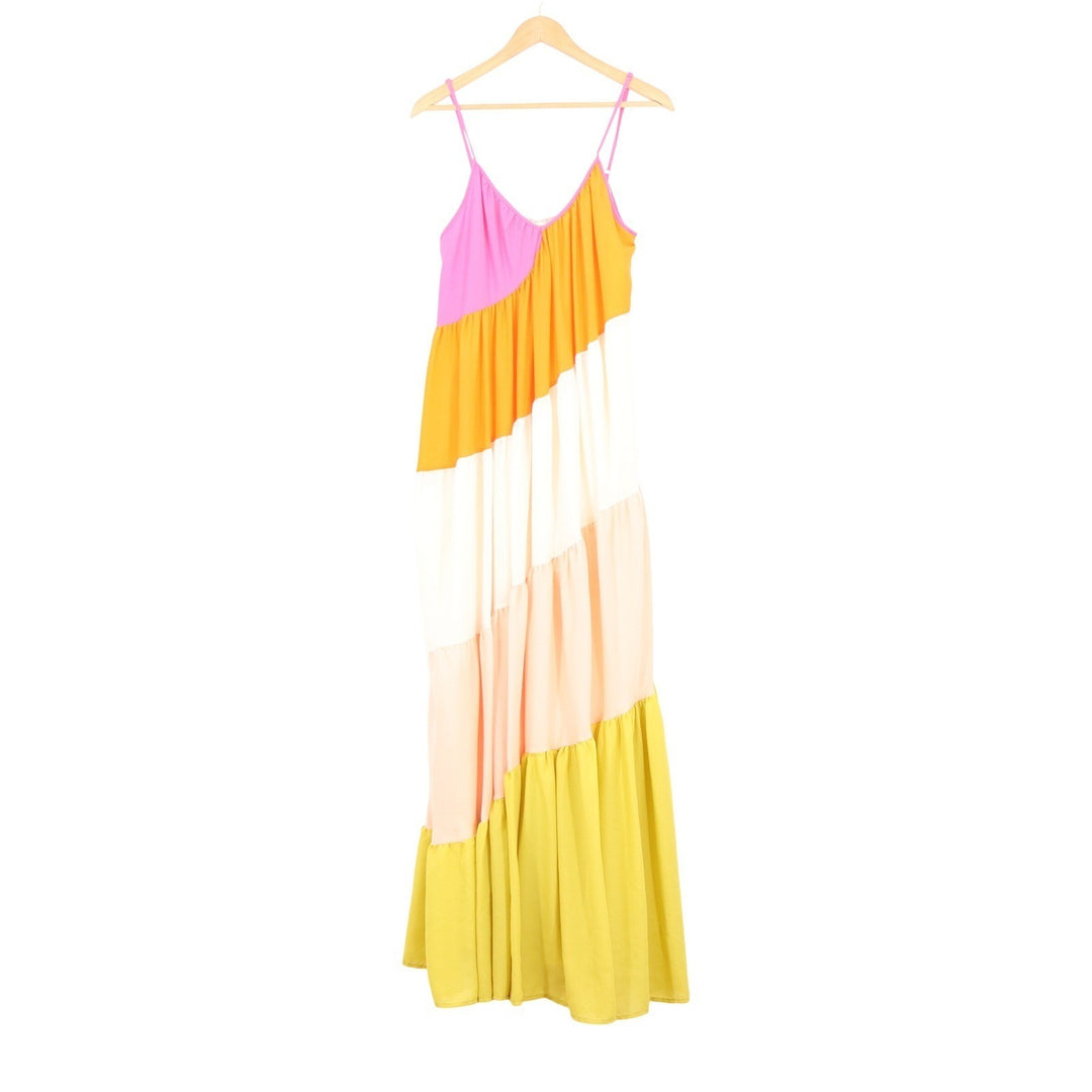 Stile Collection Rainbow Stripe Maxi Dress L Multi Colorblock Tiered Boho