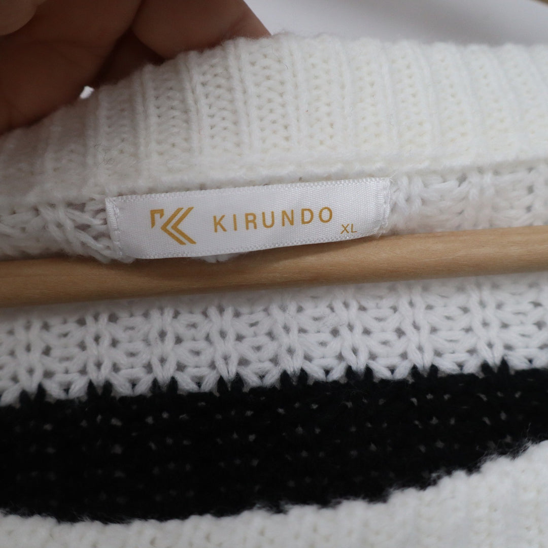 Kirundo Womens XL Striped Oversized Chunky Knit Sweater White Black Pullover