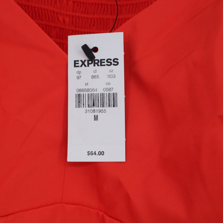 Express Womens Orange Red Puff Sleeve Smocked Back Tie Cuff Crop Top M NEW